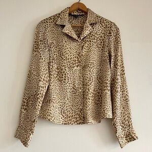 Vintage tan animal printed satin button up blouse